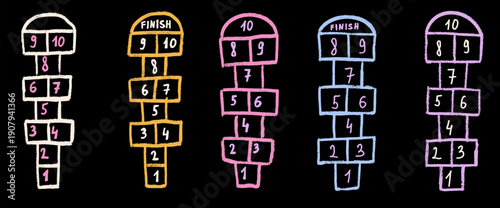 Hop scotch games chalk drawn outline brush stroke set isolated on dark background. Children playground outdoor entertainment. Vector pastel colors wax crayon handwritten illustration.