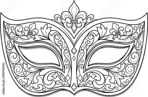 Elegant black and white masquerade ball mask design featuring intricate baroque swirls and a central fleur de lis motif for coloring pages