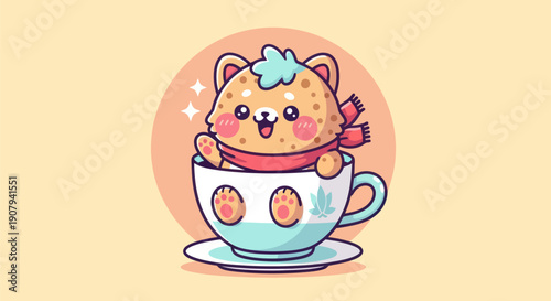 Cartoon shiba inu dog in teacup vector illustration isolated on background