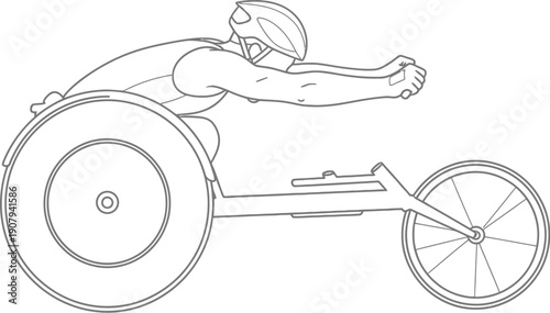 Outline drawing of a focused athlete skillfully competing in a track and field wheelchair racing event showcasing intense competitive drive.