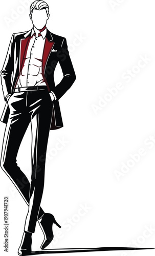 Stylized vector illustration depicts a sharply dressed man in a black and white suit with striking red accents posing confidently against a stark white background