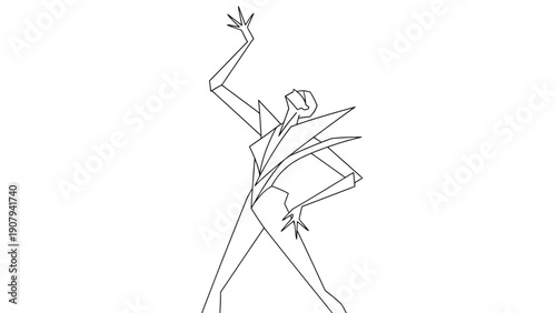 Abstract geometric line art illustration depicting a stylized figure in a dynamic, dramatic dance pose with sharply angled limbs and exaggerated shoulders.