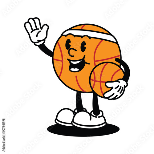 Retro Basketball Character Waving Hello Holding Another Ball.