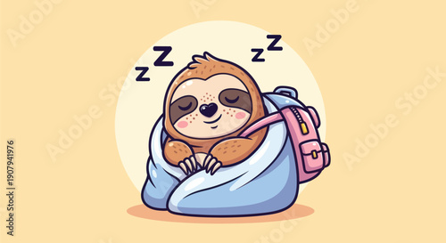 Cartoon sloth napping in blanket with backpack on light orange background