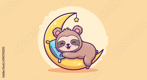 Cartoon sloth resting on a crescent moon with star in a cute cartoon style