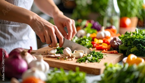 Close-up of hands chopping garlic and parsley on a wooden board with colorful vegetables