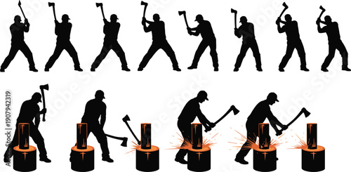 lumberjack,silhouette,woodcutter,axe,wood,logging,forest,worker,firewood,chopping,manual,labor,industry,cutting,timber,tool,action,vector,illustration,isolated