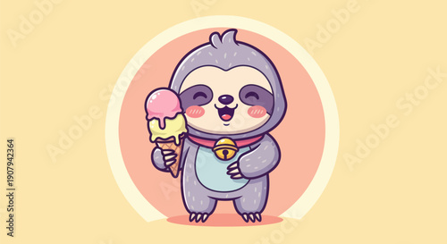 Cartoon sloth with ice cream cone cheerful and cute vector illustration