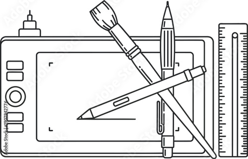 Minimalist line art illustration showcasing essential digital design tools including a graphic drawing tablet stylus pen brush and ruler for creative work.
