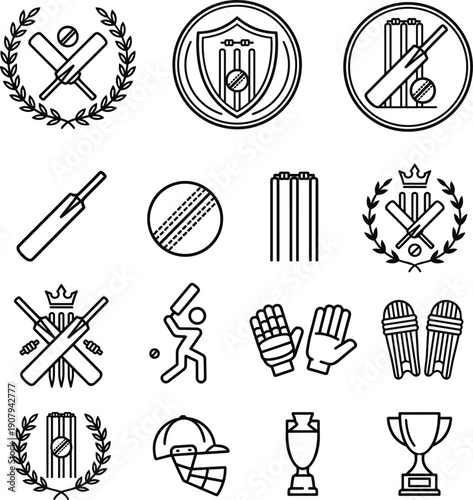 cricket line icons set,cricket equipment outline,sports icons collection,bat ball wicket gloves helmet,tournament symbols,cricket championship design