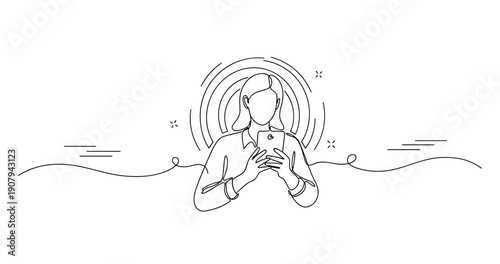 Line art of female character holding smartphone and pen with circular background. None editable stroke