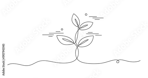 Minimalist line art of a plant growing with leaves and dots on white background. None editable stroke