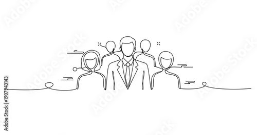 Line art of diverse professional team with caucasian male leader. None editable stroke