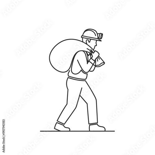Manual laborer carrying large heavy sack on shoulder drawing