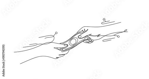 Minimalistic line art of hands exchanging money. None editable stroke