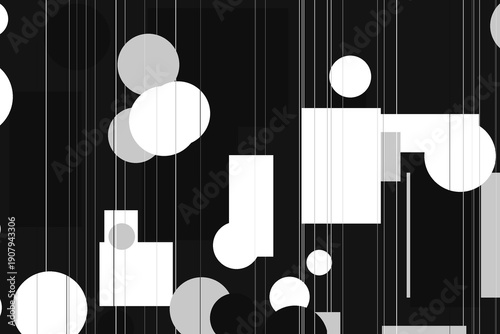 Abstract geometric shapes in a digital artwork featuring circles, rectangles, and lines in a monochromatic composition