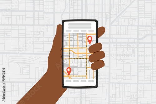 Human hand holding phone with a screen showing the route of travel. Point of destination. Vector clipart illustration.