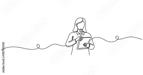 Line art illustration of woman writing on tablet. None editable stroke