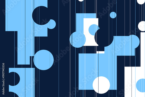 Dynamic abstract geometric pattern featuring interlocking blue and white shapes with subtle vertical lines on a deep background, creating a modern digital art composition 