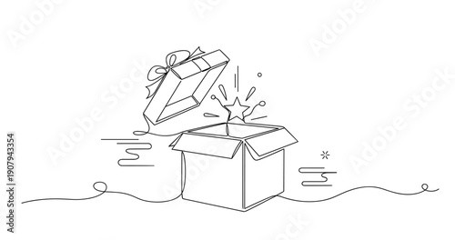 Minimalist line art of gift box with lid popping open and star. None editable stroke