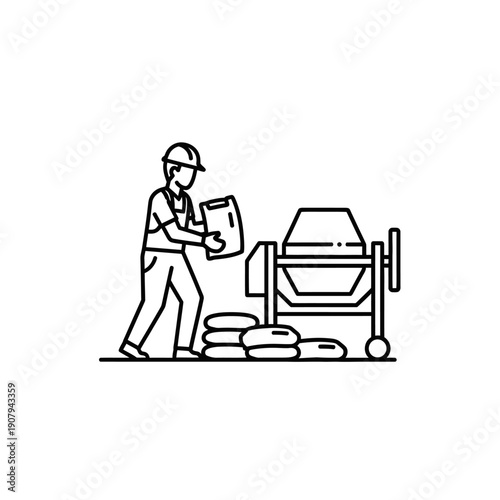 Mason preparing concrete by pouring a bag into a cement mixer