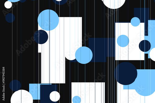 Dynamic geometric abstraction featuring layered blue and white shapes on a dark background, creating a modern and clean digital pattern with vertical line details