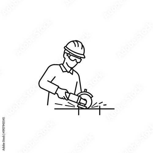 Metalworker cutting steel bar with electric angle grinder tool