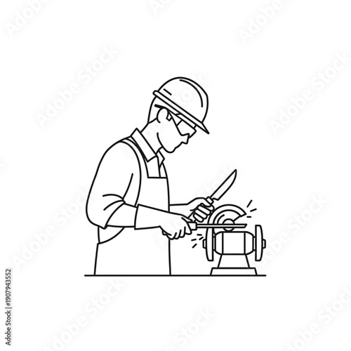 Metalworker using bench grinder machine to sharpen steel blade in workshop