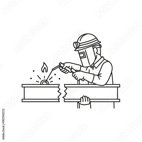 Metalworker welding steel i-beams in industrial manufacturing plant