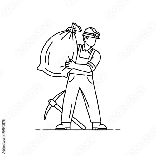 Miner carrying heavy sack with pickaxe on ground line art