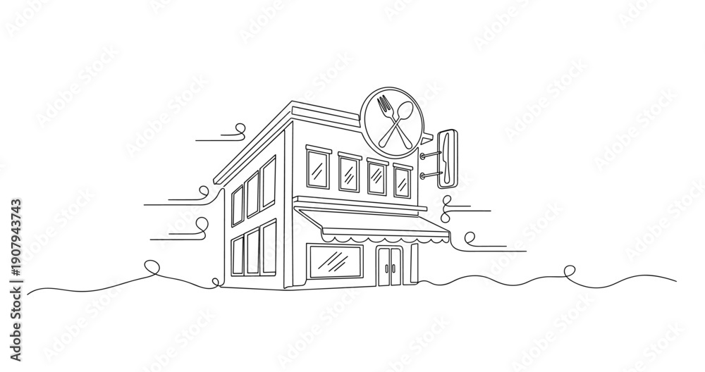 Obraz premium Line art of a small restaurant building with fork and knife sign. None editable stroke