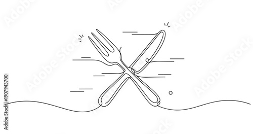 Black line art of fork and knife crossed on white background. None editable stroke