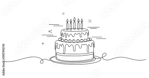 Outline drawing of a two-tier birthday cake with candles and icing details. None editable stroke