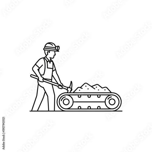 Mining laborer using pickaxe on conveyor belt with minerals