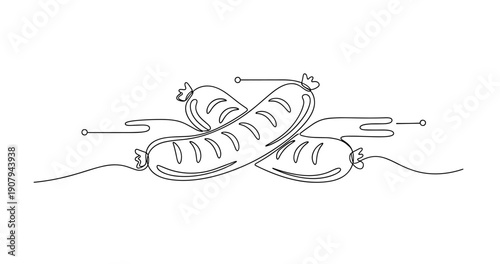 Continuous line drawing of three sausages with a minimalist design. None editable stroke