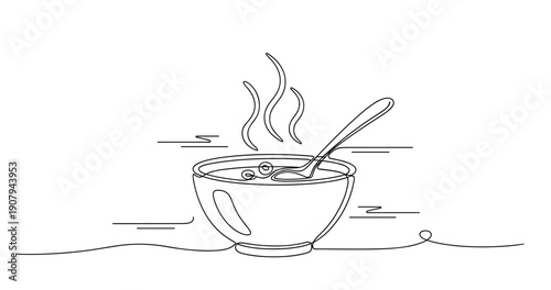 Minimalist line drawing of a hot soup bowl with spoon and steam. None editable stroke