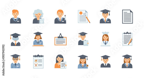 Collection of graduation and education icons representing students and teachers.