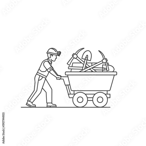 Mining worker pushing cart filled with digging tools