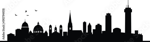 City skyline silhouette with buildings and birds flying overhead in daytime  urban landscape