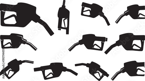 Black silhouettes of various gas pump nozzles on white