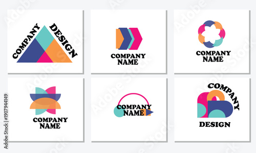 Collection of six modern abstract geometric logo designs featuring vibrant color palettes perfect for branding corporate identity and creative company concepts in graphic design