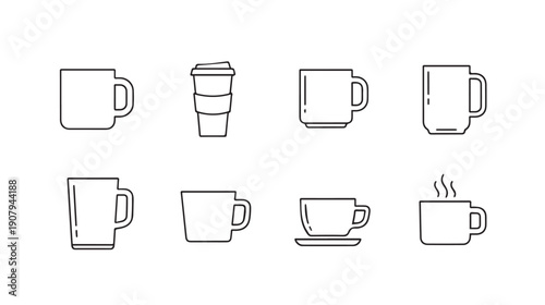 Set of Coffee Cups and Mugs Line Art Icons, Various Styles