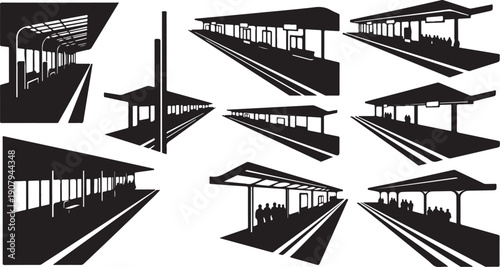 Black and white train station platform silhouettes collection set
