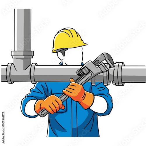 Plumber tightening industrial pipe fitting with large wrench illustration