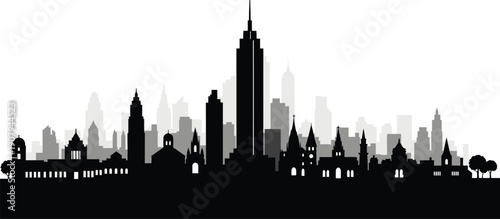 City skyline silhouette with skyscrapers and buildings in gray and black on white background