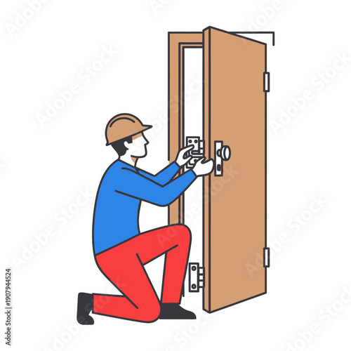 Professional locksmith installing deadbolt hardware on a wooden door frame