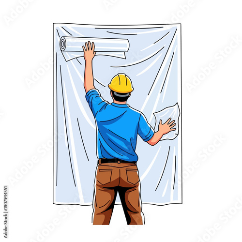 Professional installer hanging large protective plastic sheet on wall