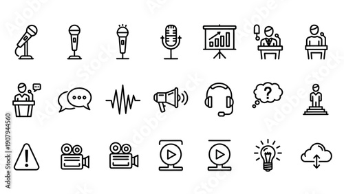 Collection of Icons Representing Communication and Presentation.