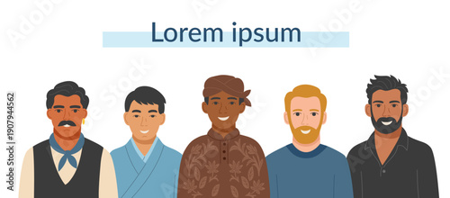 Men of different ethnicities isolated on white background. Сonceptual banner. Vector illustration in a flat style.
