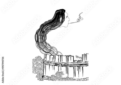 Ukiyo-e style ghost woman illustration, traditional Japanese spirit line art